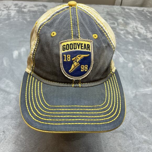 Vintage Goodyear Baseball Cap Hat Blue Beige Snapback Crest Patch H3 Headwear - Picture 1 of 7
